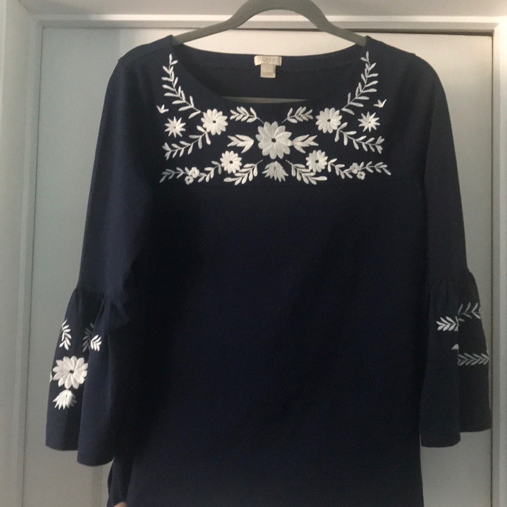 J Crew navy top with bell sleeves